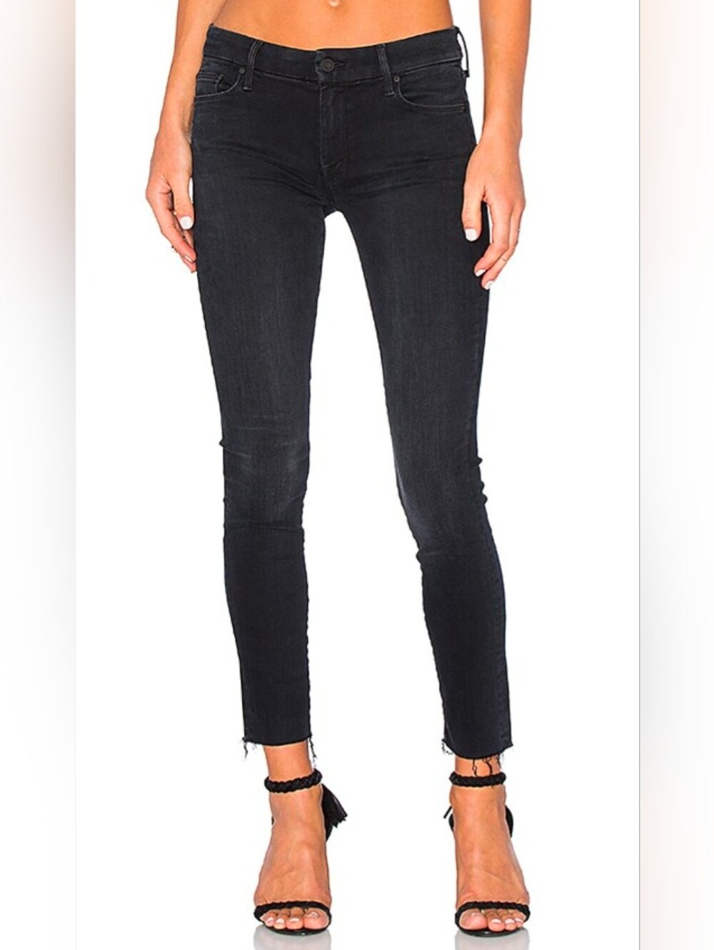 Mother The Looker Ankle Fray In Blackbird High-Rise Black Skinny Jeans